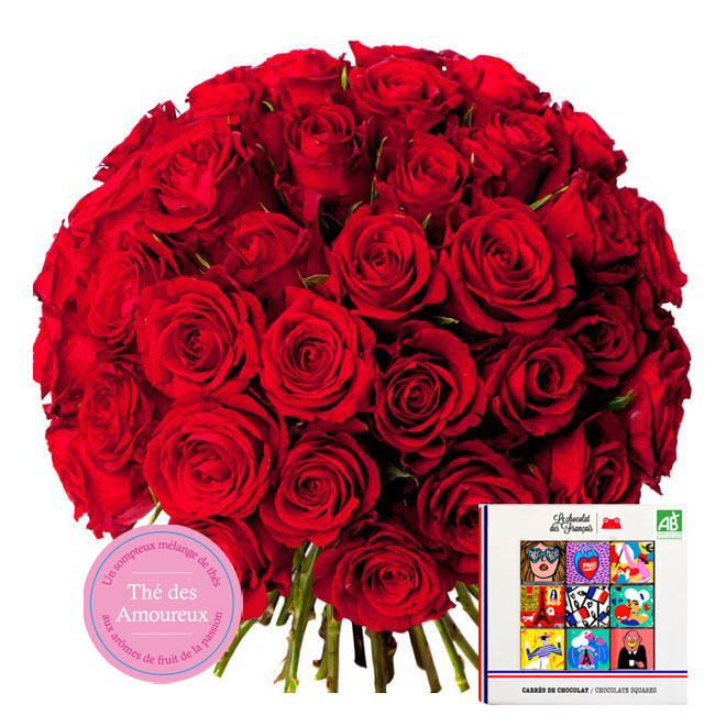 Coffret des Amoureux - Livraison fleurs Saint Valentin roses rouges + chocolats